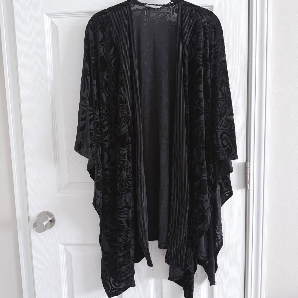 Vintage Creek Kimono Wrap Women M/L Black Burnout Velvet Damask Sheer Open Front